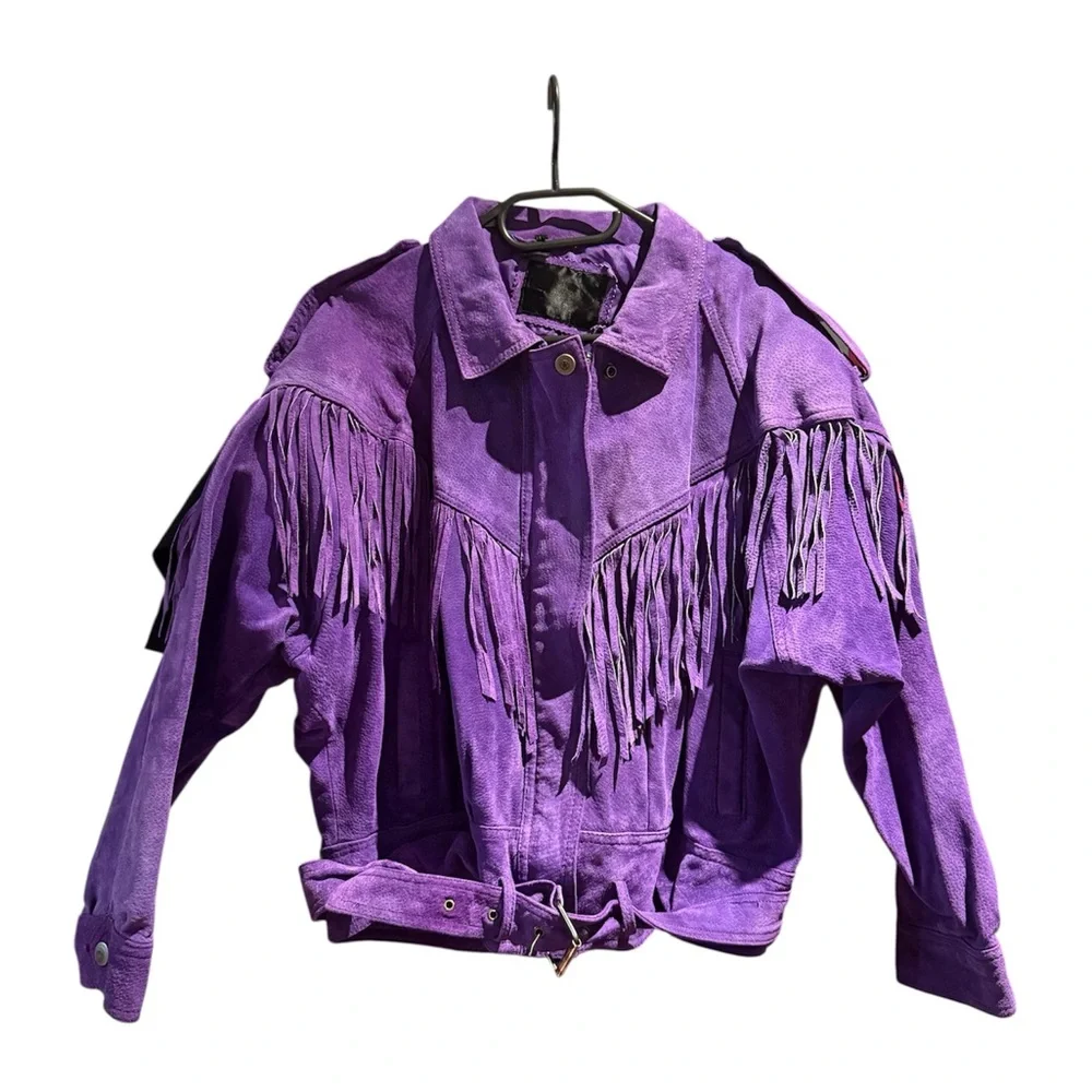 Vintage 80s Purple Leather Suede Fringe Jacket Western Biker Cropped Moto Belted - Picture 1 of 2